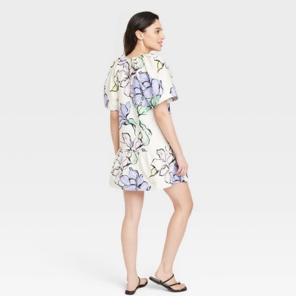 Women's Flutter Short Sleeve Mini Poplin Dress - A New Day™ White/Purple Floral - Picture 3 of 6
